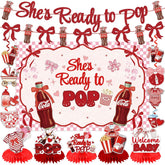 Lanfubeisi Shes Ready to Pop Baby Shower Decorations – 23PCS Retro Soda Theme Party Supplies Set with Backdrop, Banner, Honeycomb Centerpieces & Hanging Swirls