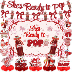 Lanfubeisi Shes Ready to Pop Baby Shower Decorations – 23PCS Retro Soda Theme Party Supplies Set with Backdrop, Banner, Honeycomb Centerpieces & Hanging Swirls