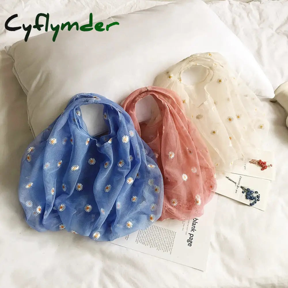 Fancy Spring Summer Newest Trendy Little Daisies Organza Tote Embroidered Handbags For Women Fresh