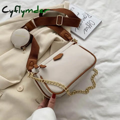 Fashion Chains Women Shoulder Bags Designer Wide Strap Messenger Luxury Pu Leather Crossbody Bag