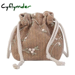 Fashion Small Shoulder Bags Women Drawstring Straw Beach Flower Embroidery Ladies Lace Crossbody