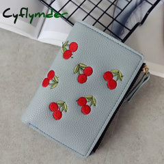 Fashion Women Girls Short Wallet Small Pu Leather Cherry Embroidery Coin Purse Card Holders Lady