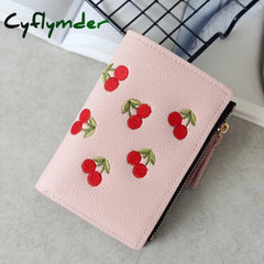 Fashion Women Girls Short Wallet Small Pu Leather Cherry Embroidery Coin Purse Card Holders Lady