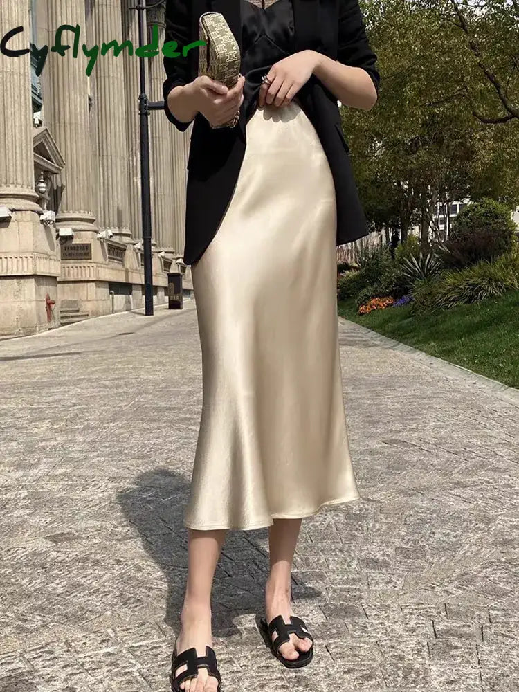 Silk Satin Skirts For Women Korean Style Champagne Office High Waist A-Line Skirt Fashion Elegant