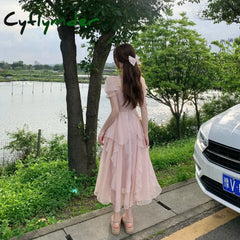 Summer Chiffon Fairy Dress Women Solid Elegant Party Midi Female Casual Sweet Korean Fashion Pink