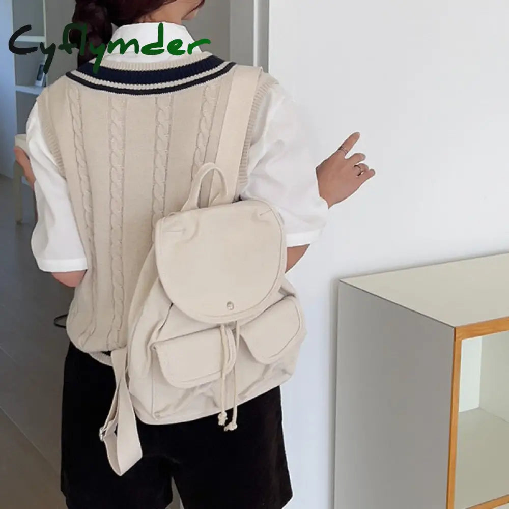 Trendy Canvas Women Backpack Multi Pocket Leisure Travel Ladies Small Bag Fashion Korean Style Mini