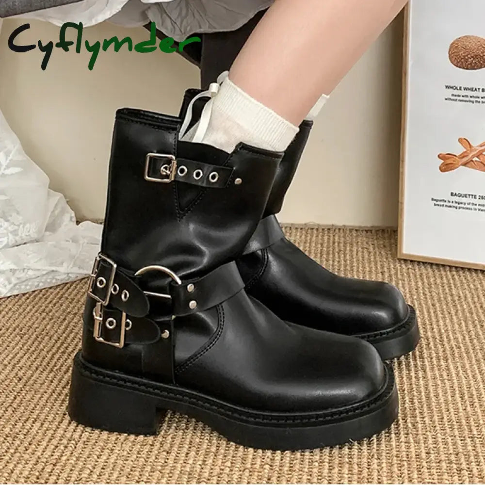 Winter Platform Synthetic Leather Boots Women Shoes Fashion Slip On Mid Heel Botas Ladies Retro Mordern Booties