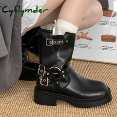 Winter Platform Synthetic Leather Boots Women Shoes Fashion Slip On Mid Heel Botas Ladies Retro Mordern Booties