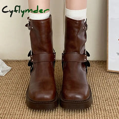 Winter Platform Synthetic Leather Boots Women Shoes Fashion Slip On Mid Heel Botas Ladies Retro Mordern Booties