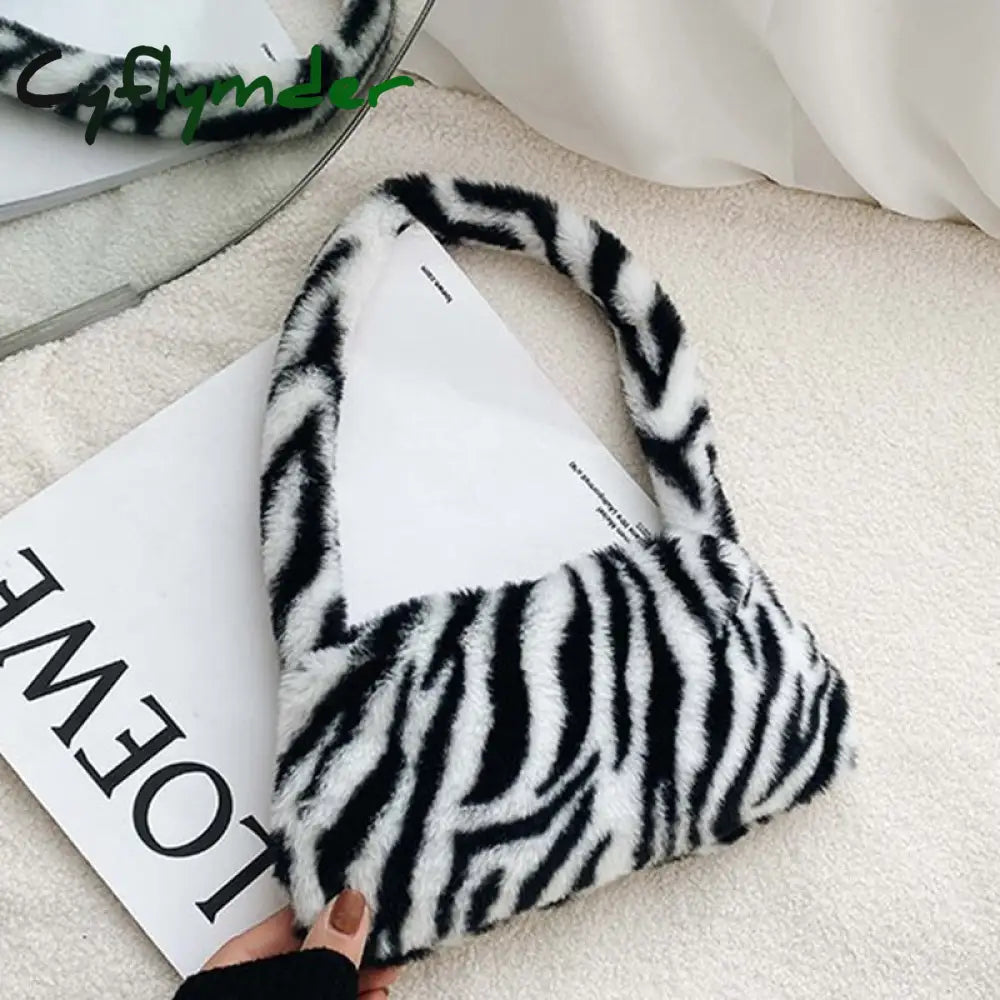 Winter Vintage Zebra Pattern Shoulder Underarm Bag Female Plush Autumn Handbag Soft Warm Fur Tote