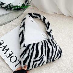 Winter Vintage Zebra Pattern Shoulder Underarm Bag Female Plush Autumn Handbag Soft Warm Fur Tote