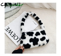 Winter Vintage Zebra Pattern Shoulder Underarm Bag Female Plush Autumn Handbag Soft Warm Fur Tote