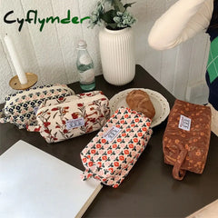 Women Corduroy Plaid Flowers Cosmetic Lipsticks Bag Korean Student Pencil Case Travel Makeup