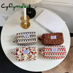 Women Corduroy Plaid Flowers Cosmetic Lipsticks Bag Korean Student Pencil Case Travel Makeup