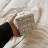 Cyflymder Fashion Women PU Leather Checker Pattern Drawstring Chain Cube Shoulder Crossbody Messenger Bag Casual Handbags Purse