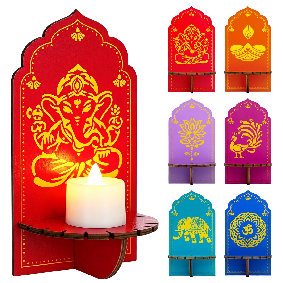 Lanfubeisi 6 Pcs Diwali Decorations for Home Wooden Candle Holder Table Wall Decor, Indian Pooja Room Diya Stands