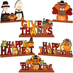 Lanfubeisi 6 Pcs Thanksgiving Wooden Tabletop Signs, Fall Harvest Table Centerpieces Decor with Pilgrims, Turkey, Pumpkin & Festive Quotes for Home, Office, Kitchen Dinner Desk Decoration