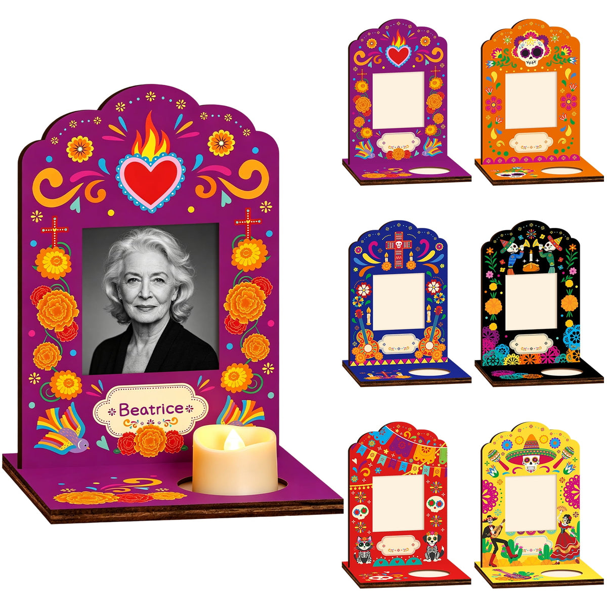 Lanfubeisi 6 Pcs Dia De Los Muertos Decorations Picture Frames, Day of the Dead Ofrenda Altar Decor with Tealight Base for Tabletop Fiesta Party