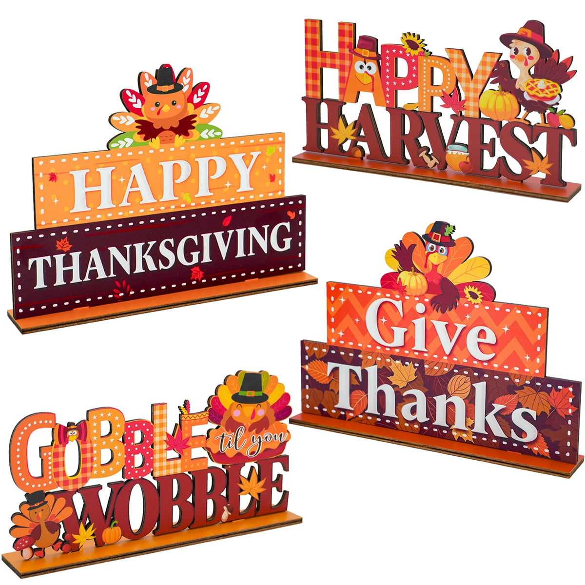 Lanfubeisi 4 Pcs Thanksgiving Wooden Tabletop Signs, Fall Harvest Table Centerpieces Decor with Turkey & "Gobble Til You Wobble" Quotes