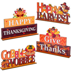 Lanfubeisi 4 Pcs Thanksgiving Wooden Tabletop Signs, Fall Harvest Table Centerpieces Decor with Turkey & "Gobble Til You Wobble" Quotes
