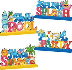 Lanfubeisi Pool Party Decorations Wood Table Centerpieces – 4pcs Hello Summer Splish Splash Hawaii Tropic Wooden Tabletop Decor for Summer Party Holiday
