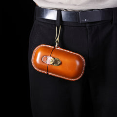 Cyflymder  Vintage Hand-Stitched Genuine Leather Wallet, Portable Pressure-Resistant Glasses Case with Hook, Top-Layer Cowhide Coin Earphone Key Storage Box, Genuine Leather Lined, Buckle Closure - Ideal for Valentine's Day &