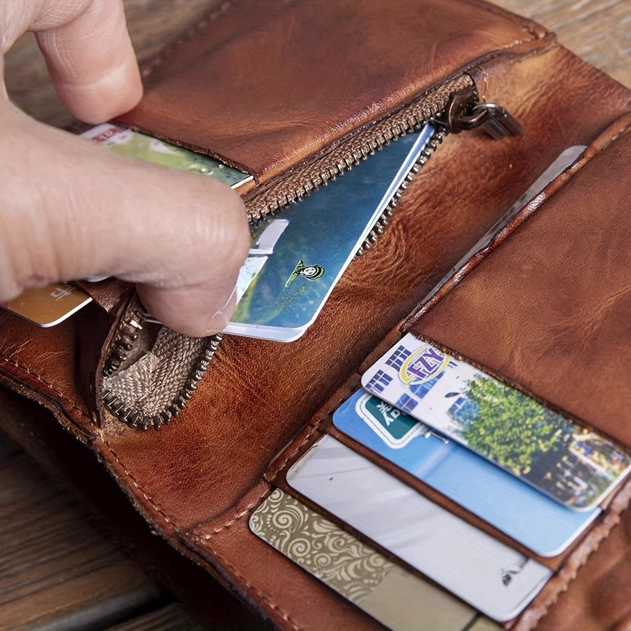 Cyflymder  Vintage Top-Grain Leather Wallet for Men, Handcrafted, Large Capacity with Multiple Card Slots and Zipper Coin Pocket