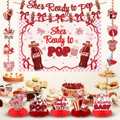 Lanfubeisi Shes Ready to Pop Baby Shower Decorations – 23PCS Retro Soda Theme Party Supplies Set with Backdrop, Banner, Honeycomb Centerpieces & Hanging Swirls