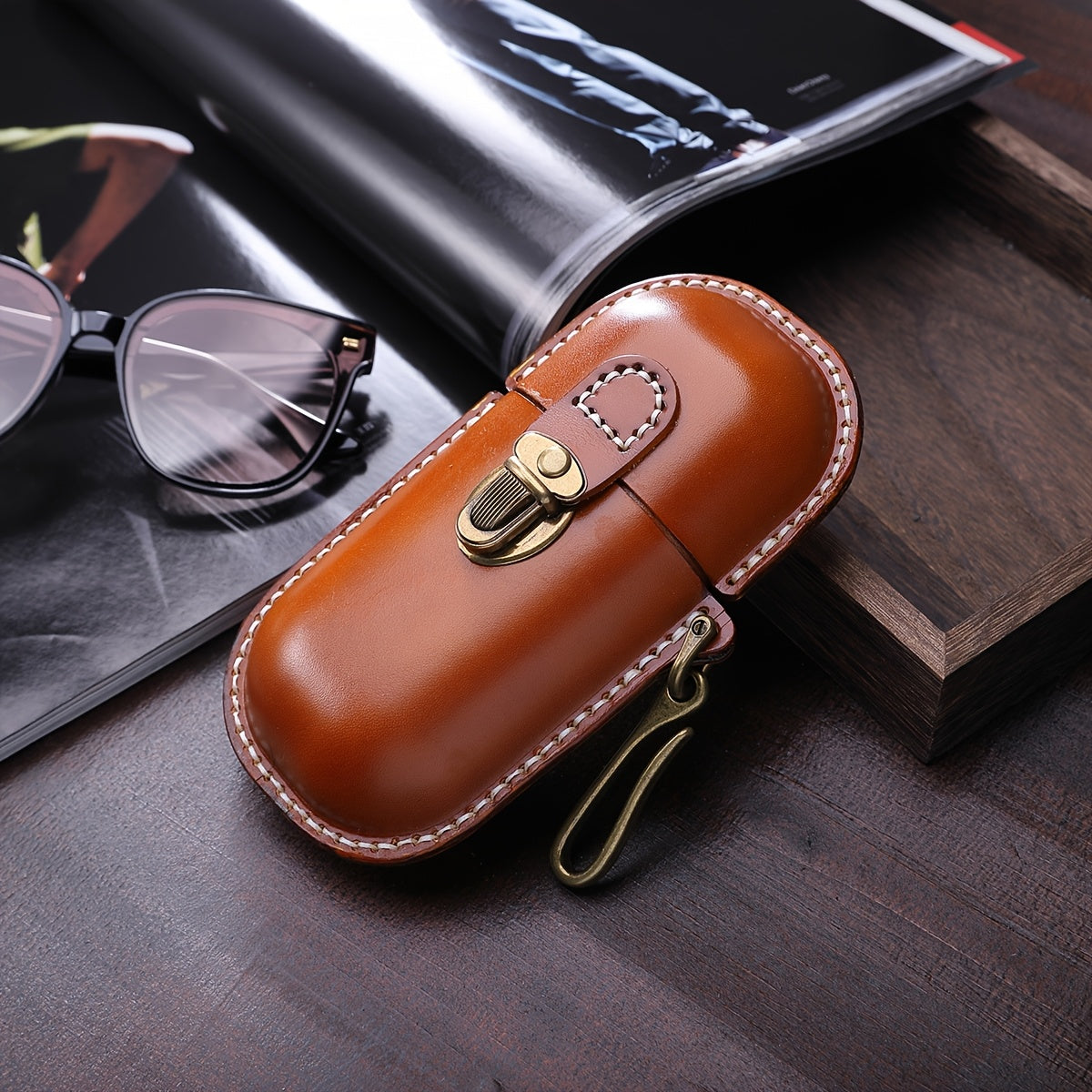 Cyflymder  Vintage Hand-Stitched Genuine Leather Wallet, Portable Pressure-Resistant Glasses Case with Hook, Top-Layer Cowhide Coin Earphone Key Storage Box, Genuine Leather Lined, Buckle Closure - Ideal for Valentine's Day &
