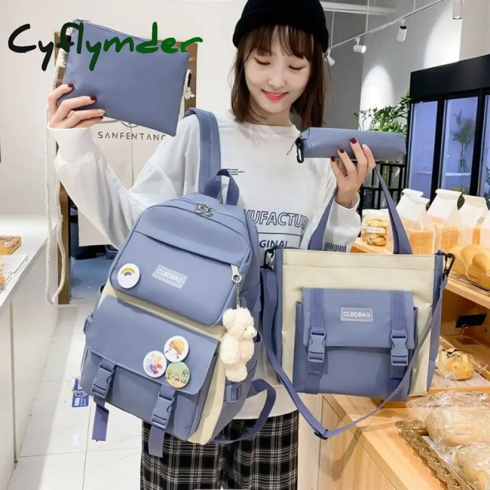 4/5Pcs Sets Canvas School Backpacks For Teenage Girls Harajuku Portfolio To Women’s Bag Set