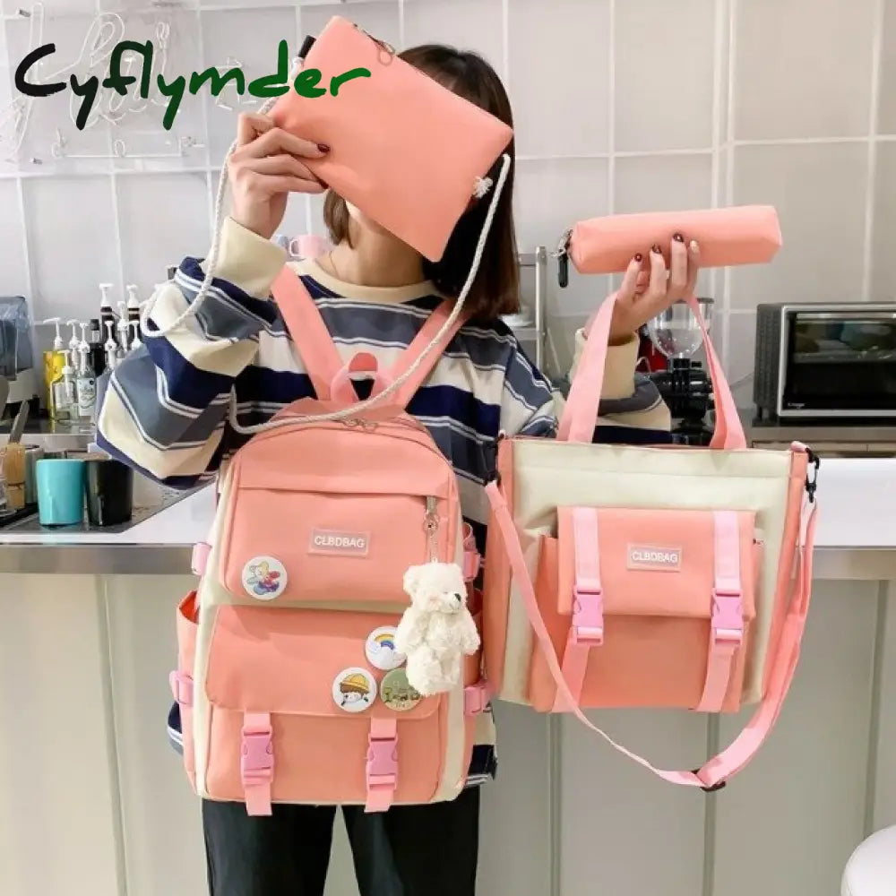 4/5Pcs Sets Canvas School Backpacks For Teenage Girls Harajuku Portfolio To Women’s Bag Set