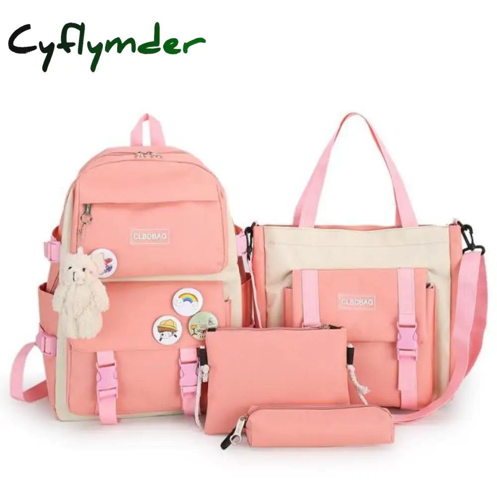 4 Pcs Set Harajuku Women Laptop Backpack Canvas School Bags For Teenage Girls Kawaii College