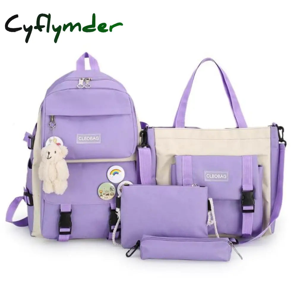 4 Pcs Set Harajuku Women Laptop Backpack Canvas School Bags For Teenage Girls Kawaii College