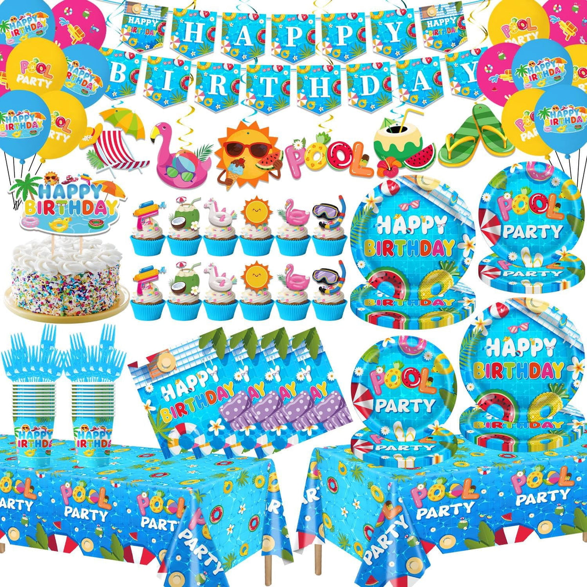 lanfubeisi Pool Party Birthday Decorations 136Pcs Supplies Set - Includes Banner Balloons Tableware Cake Toppers Cupcake Toppers Hanging Swirls for Hawaiian Summer Pool Party Celebration