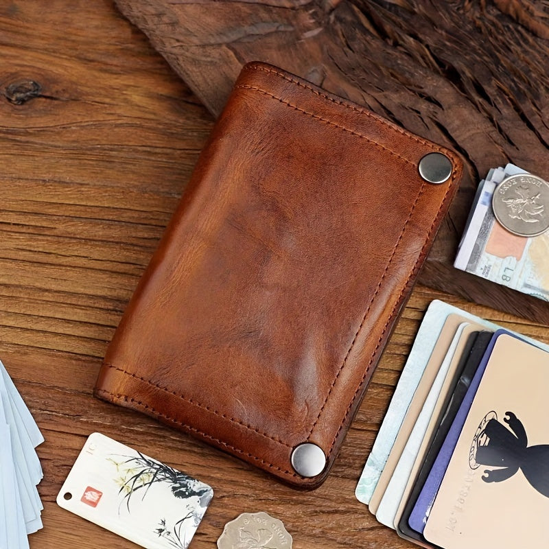 Cyflymder  Vintage Top-Grain Leather Wallet for Men, Handcrafted, Large Capacity with Multiple Card Slots and Zipper Coin Pocket