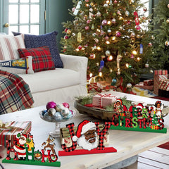Lanfubeisi Black Santa Christmas Wood Centerpiece Signs, 4 Pcs Rustic Plaid Holiday Table Decor
