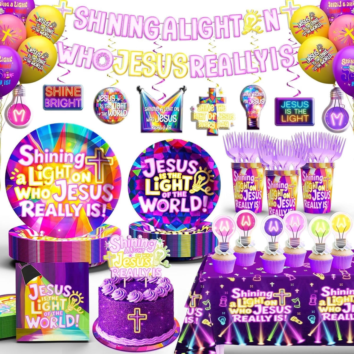 Lanfubeisi Illumination Station VBS Decorations Set 131Pcs ， Complete 2026 VBS Party Supplies with Banner, Plates, Napkins, Cups, Forks, Tablecloth, Balloons, Hanging Swirls, Cupcake Toppers & Cake T
