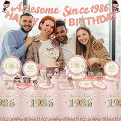 Lanfubeisi 40th Birthday Decorations for Women, 127Pcs Complete Party Supplies Set - Includes Banner Tablecloth Plates Cups Forks Napkins Cupcake Toppers Cake Toppers, Serves 20