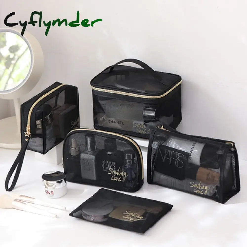 5Pcs Set Wash Makeup Bag For Women Black Mesh Cosmetic Large Capacity Portable Travel Storage