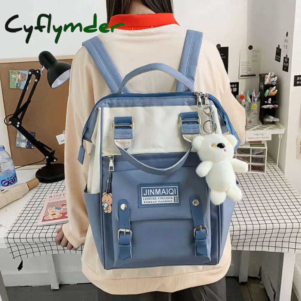 5Pcs Set Women Backpack Canvas Waterproof School Bags For Teenage Girls Kawaii Doll Student