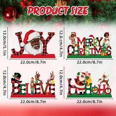 Lanfubeisi Black Santa Christmas Wood Centerpiece Signs, 4 Pcs Rustic Plaid Holiday Table Decor