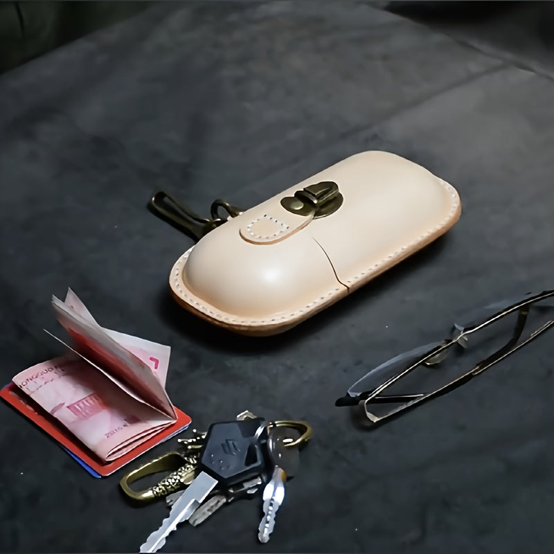 Cyflymder  Vintage Hand-Stitched Genuine Leather Wallet, Portable Pressure-Resistant Glasses Case with Hook, Top-Layer Cowhide Coin Earphone Key Storage Box, Genuine Leather Lined, Buckle Closure - Ideal for Valentine's Day &