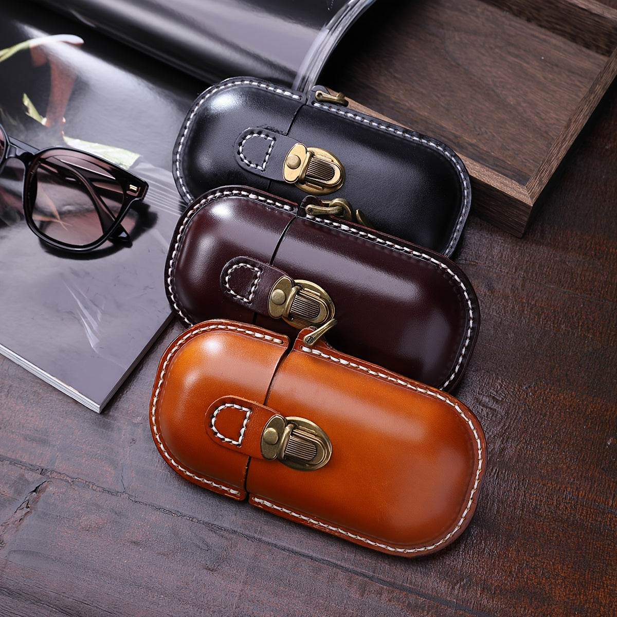 Cyflymder  Vintage Hand-Stitched Genuine Leather Wallet, Portable Pressure-Resistant Glasses Case with Hook, Top-Layer Cowhide Coin Earphone Key Storage Box, Genuine Leather Lined, Buckle Closure - Ideal for Valentine's Day &