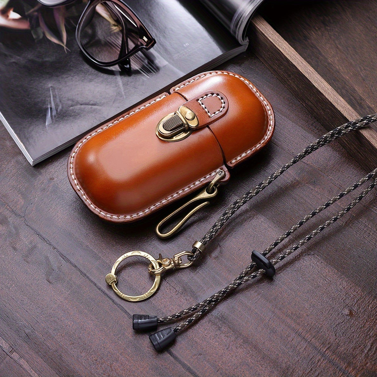 Cyflymder  Vintage Hand-Stitched Genuine Leather Wallet, Portable Pressure-Resistant Glasses Case with Hook, Top-Layer Cowhide Coin Earphone Key Storage Box, Genuine Leather Lined, Buckle Closure - Ideal for Valentine's Day &