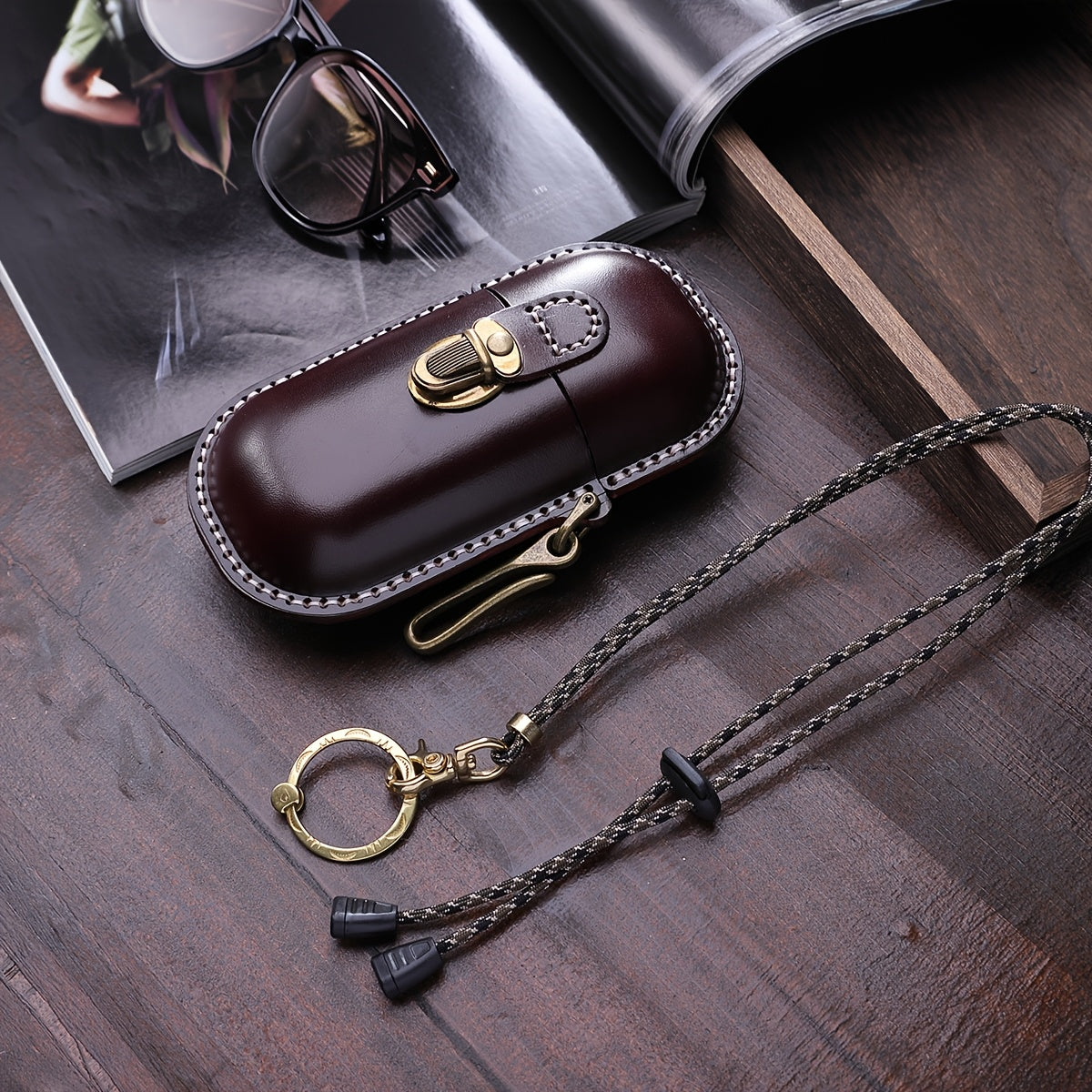 Cyflymder  Vintage Hand-Stitched Genuine Leather Wallet, Portable Pressure-Resistant Glasses Case with Hook, Top-Layer Cowhide Coin Earphone Key Storage Box, Genuine Leather Lined, Buckle Closure - Ideal for Valentine's Day &