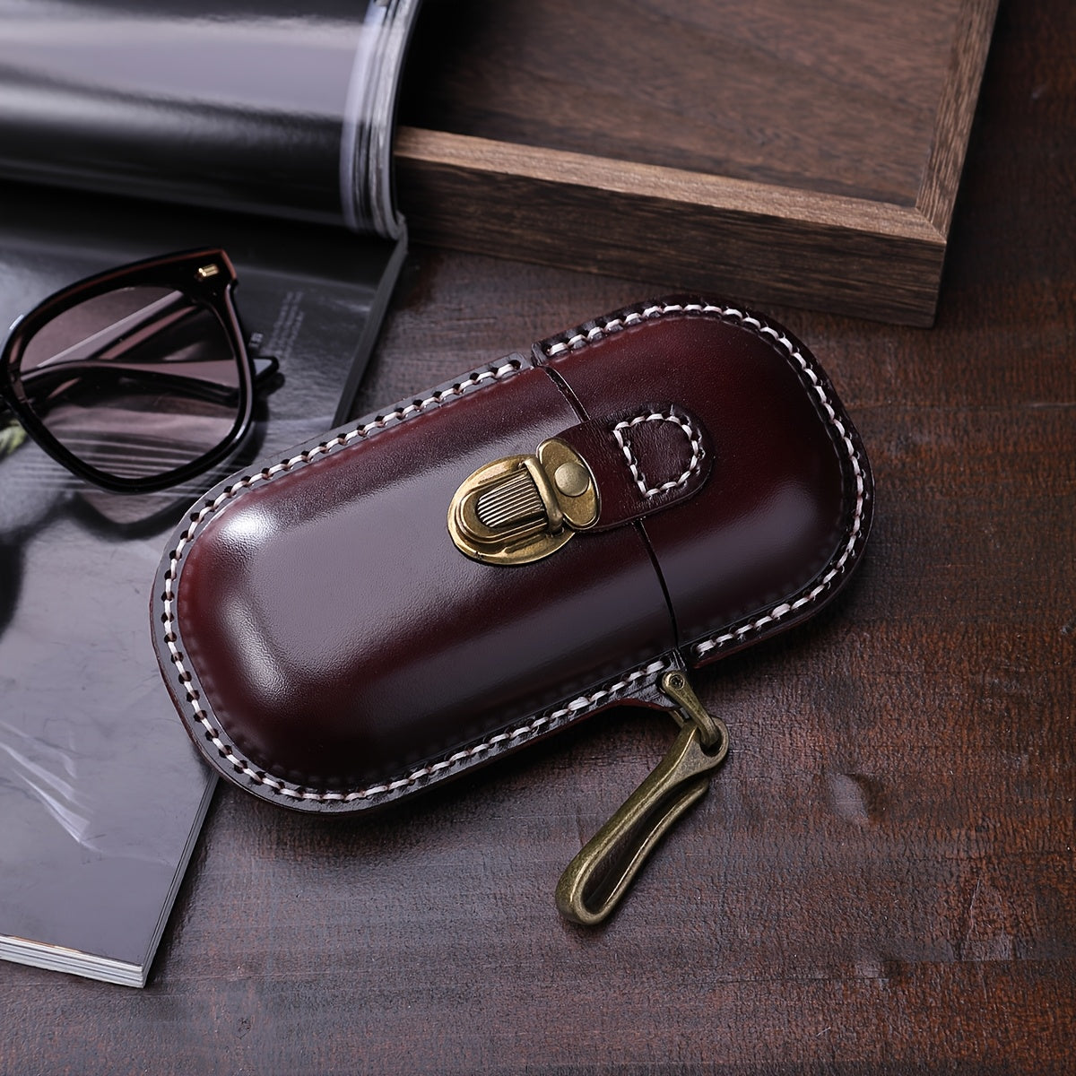 Cyflymder  Vintage Hand-Stitched Genuine Leather Wallet, Portable Pressure-Resistant Glasses Case with Hook, Top-Layer Cowhide Coin Earphone Key Storage Box, Genuine Leather Lined, Buckle Closure - Ideal for Valentine's Day &