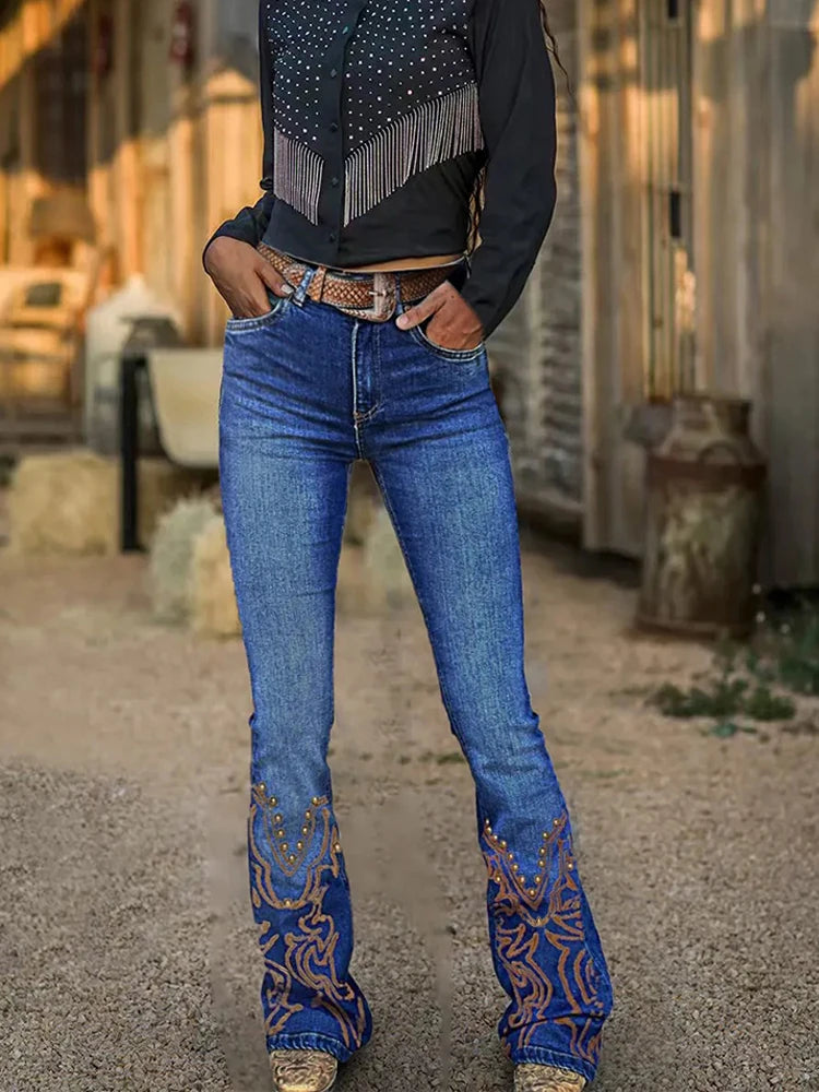 Cyflymder  Elegant Country Wear| Distressed High Waisted Flared Cowgirl Outfit -Printing with Golden Studs, Casual Vintage Jeans   T46