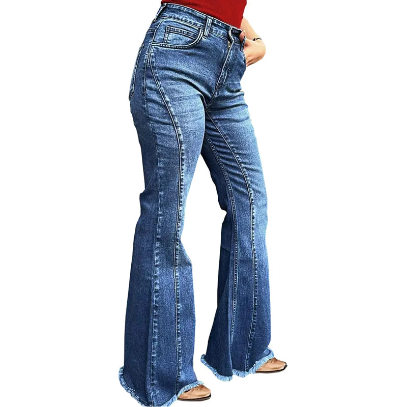 Cyflymder  Huang's Stylish High Waist Flare Bell Bottom Jeans Curvy Seam Details Raw Hem Loose Fit Ladies Pants Western Women's Trouser T39