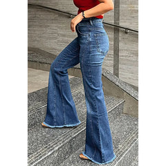 Cyflymder  Huang's Stylish High Waist Flare Bell Bottom Jeans Curvy Seam Details Raw Hem Loose Fit Ladies Pants Western Women's Trouser T39