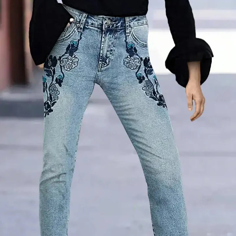 Cyflymder  New Slimming Girlfriend Ankle Denim Jeans Flora-Embroidered High Stretchy Ladies Pants Mid Rise Straight Leg Mom's Trousers T49